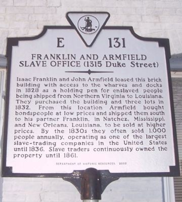 Franklin and Armfield Slave Office Marker. Click for full size. Franklin and Armfield Slave Office Marker image. Click for full size.