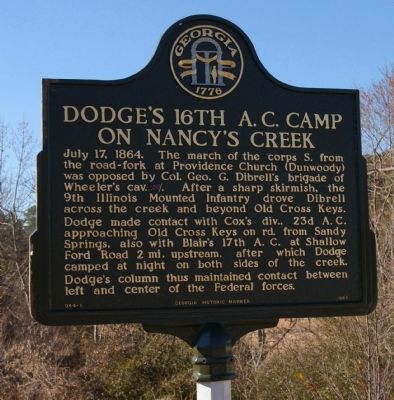 Dodge's 16th A.C. Camp on Nancy's Creek Marker. Click for full size. Dodge's 16th A.C. Camp on Nancy's Creek Marker image. Click for full size.
