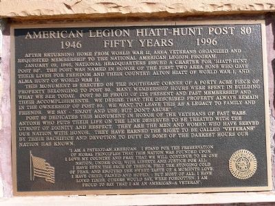 American Legion Hiatt-Hunt Post 80 Marker. Click for full size. American Legion Hiatt-Hunt Post 80 Marker image. Click for full size.