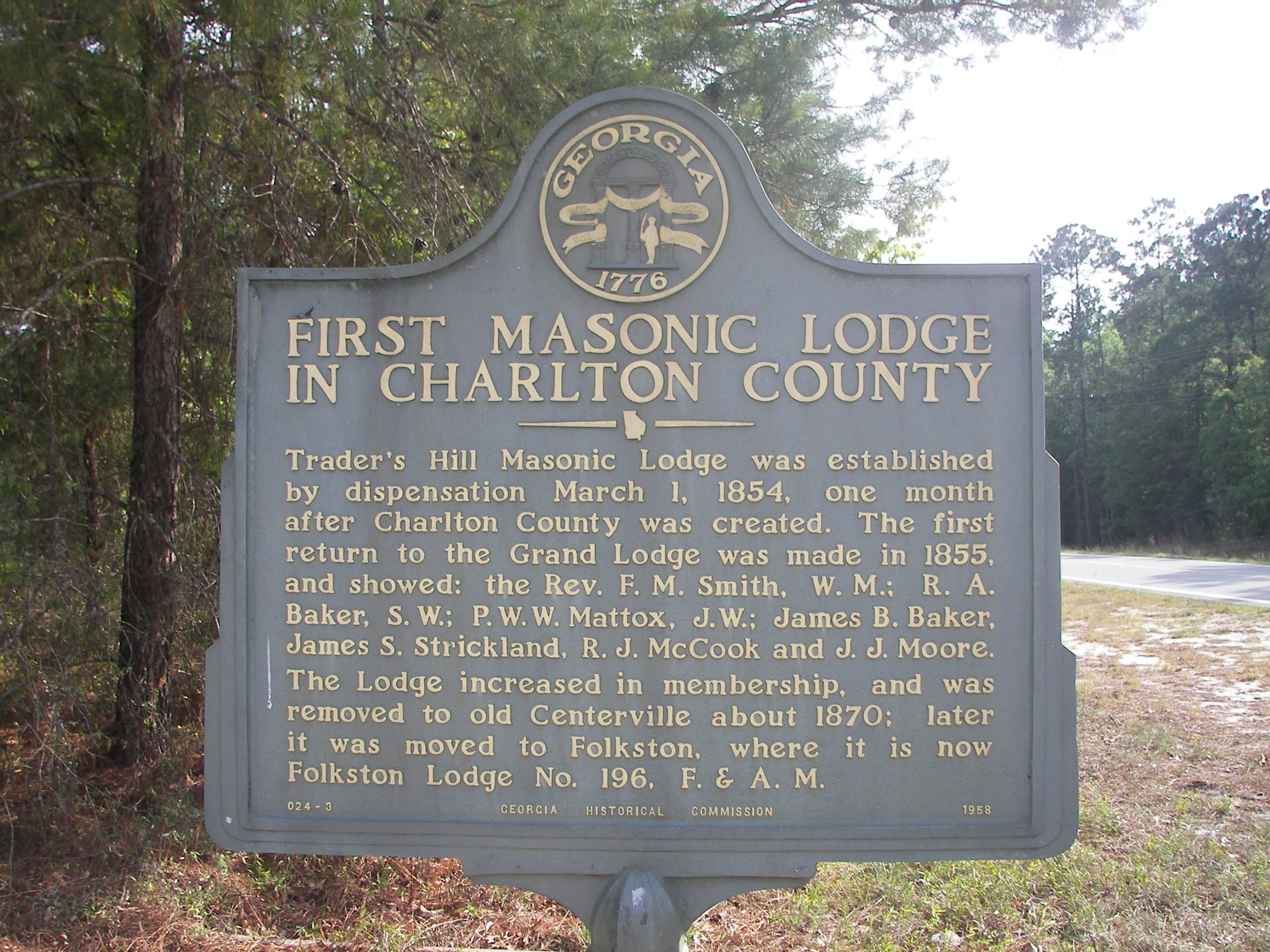 First Masonic Lodge in Charlton County Marker