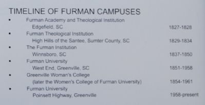 Furman University Marker - Timeline of Furman Campuses. Click for full size. Furman University Marker - Timeline of Furman Campuses image. Click for full size.