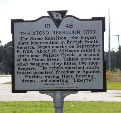 The Stono Rebellion Marker, front side. Click for full size. The Stono Rebellion Marker, front side image. Click for full size.