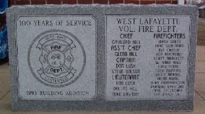 West Lafayette Volunteer Fire Department Centennial Marker. Click for full size. West Lafayette Volunteer Fire Department Centennial Marker image. Click for full size.