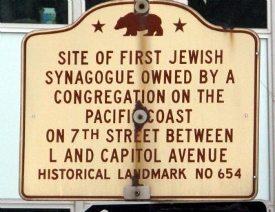 Site of the First Jewish Synagogue Owned by a Congregation on the Pacific Coast Marker. Click for full size. Site of the First Jewish Synagogue Owned by a Congregation on the Pacific Coast Marker image. Click for full size.