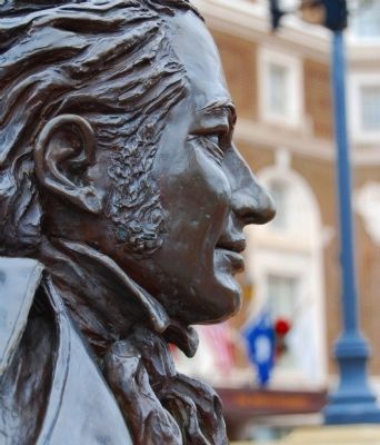 Joel Roberts Poinsett Statue - Face Detail<br>Poinsett Hotel in Background image. Click for full size.
