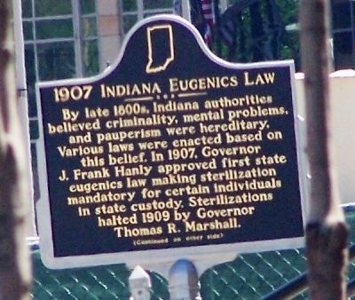 1907 Indiana Eugenics Law Marker </b>(front) image. Click for full size.