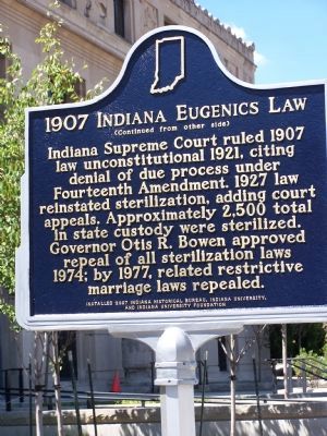 1907 Indiana Eugenics Law Marker </b>(reverse) image. Click for full size.