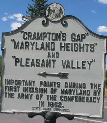 "Crampton's Gap" "Maryland Heights" and "Pleasant Valley" Marker. Click for full size. "Crampton's Gap" "Maryland Heights" and "Pleasant Valley" Marker image. Click for full size.