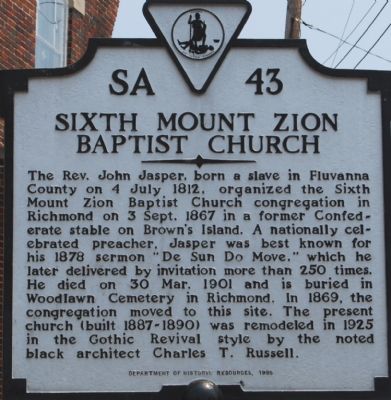 Sixth Mount Zion Baptist Church Marker. Click for full size. Sixth Mount Zion Baptist Church Marker image. Click for full size.
