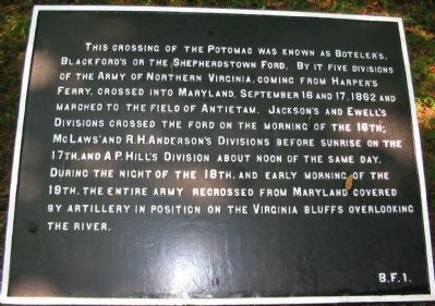 Boteler's Ford War Department Marker B. F. 1 Marker. Click for full size. Boteler's Ford War Department Marker B. F. 1 Marker image. Click for full size.
