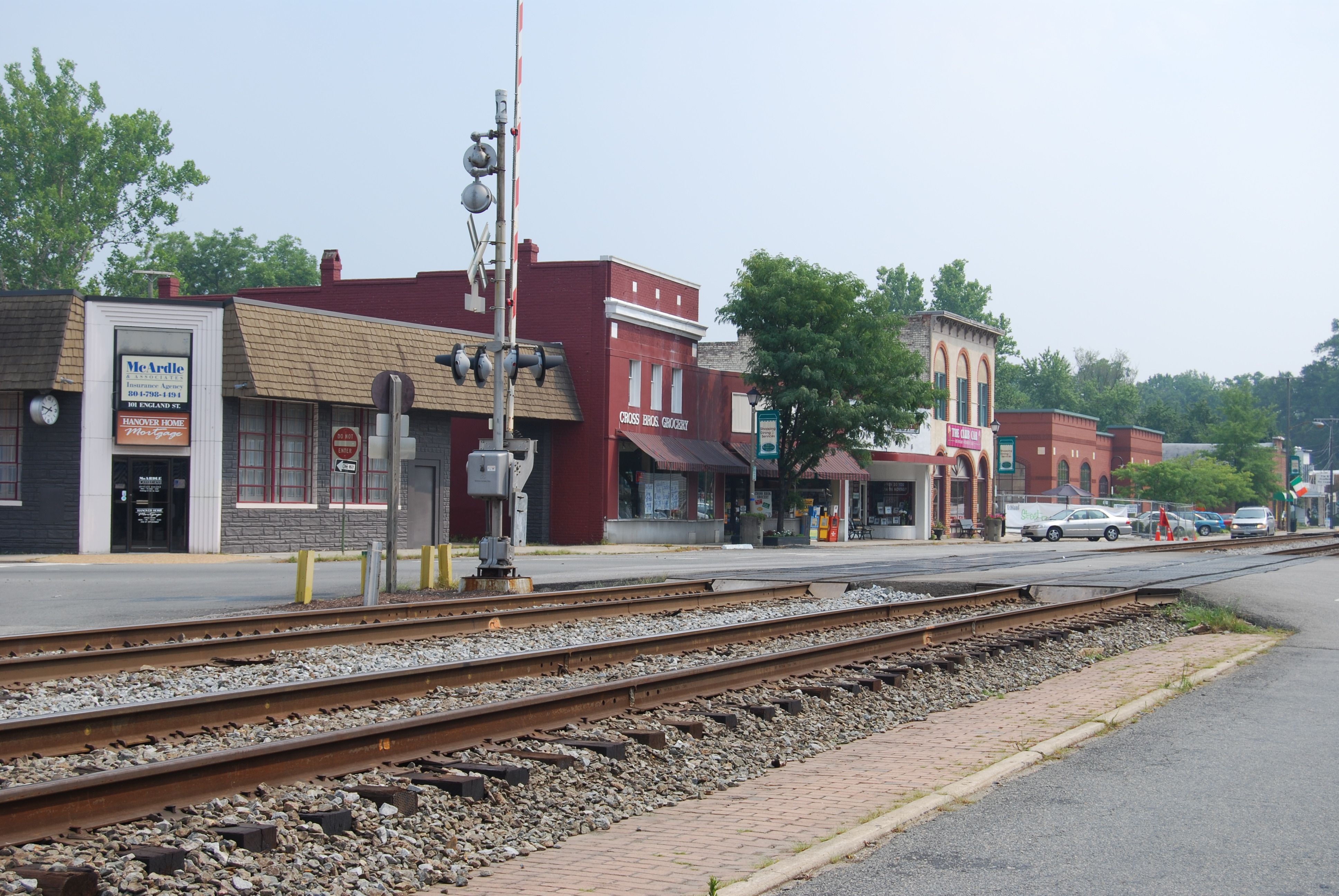 Businesses along railroad tracks