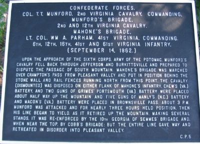 Crampton’s Pass War Department Tablet C.P. 5 (Confederate Forces) Marker. Click for full size. Crampton’s Pass War Department Tablet C.P. 5 (Confederate Forces) Marker image. Click for full size.