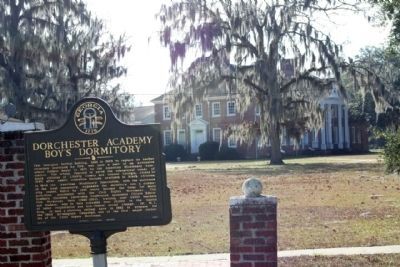 Marker with Dorchester Academy Boy's Dormitory in background image. Click for full size.
