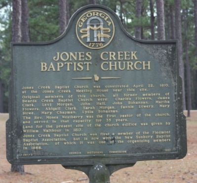 Jones Creek Baptist Church Marker. Click for full size. Jones Creek Baptist Church Marker image. Click for full size.