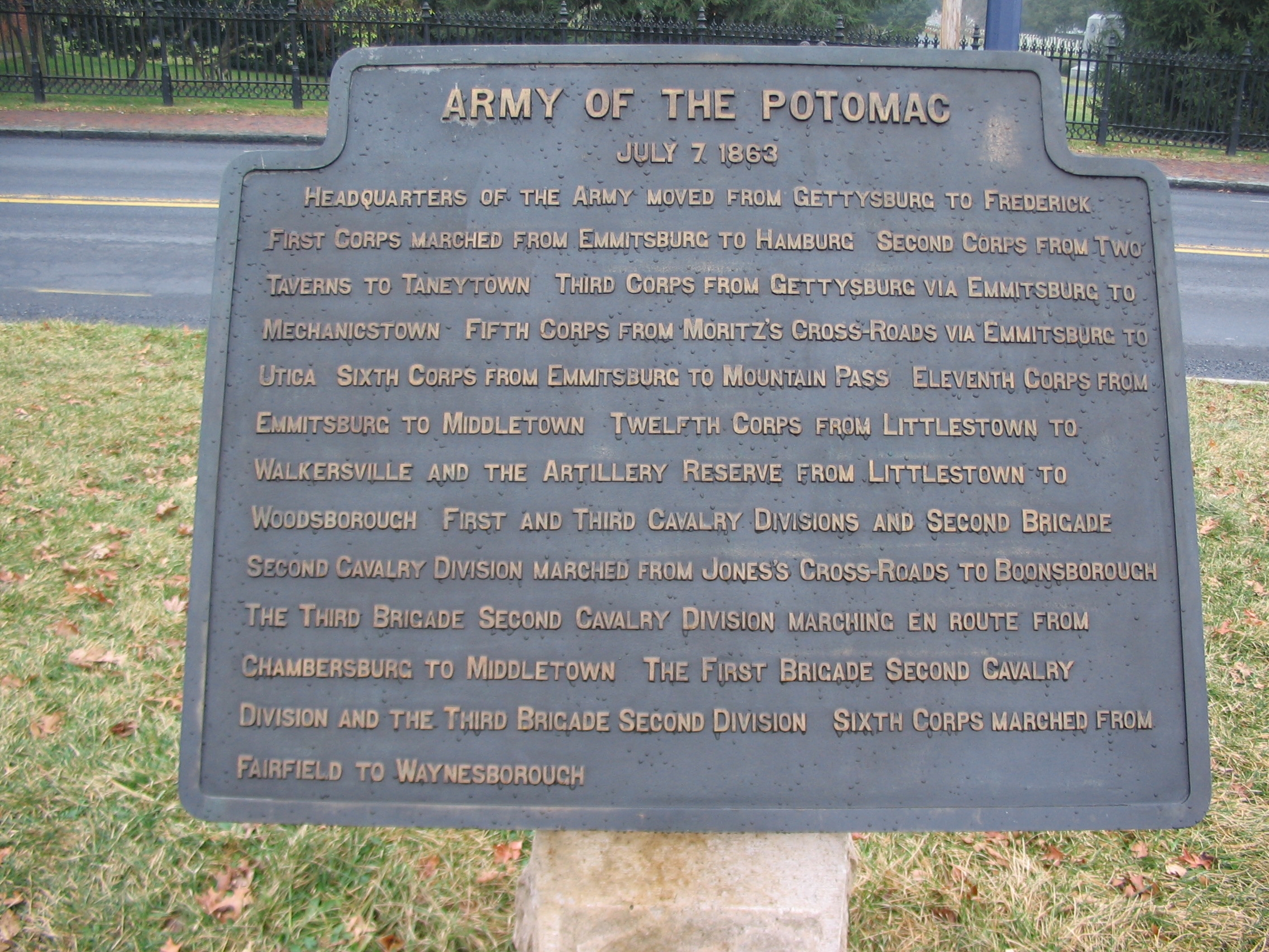 Army of the Potomac - July 7, 1863 Itinerary Tablet