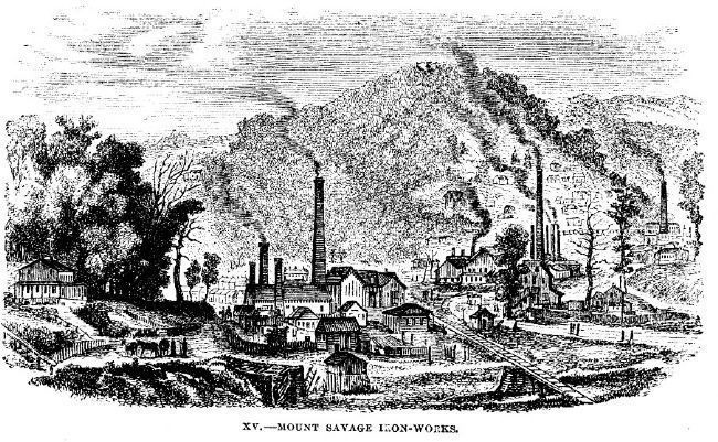 Mount Savage Iron Works in the 1850s image. Click for more information.