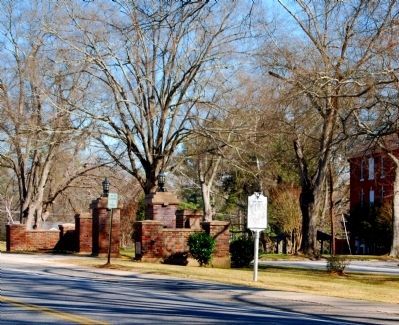 Due West Marker -<br>Looking Across Main Street<br>Erskine College Entrance (Left) image, Touch for more information