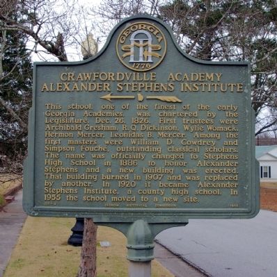 Crawfordville Academy Alexander Stephens Institute Marker. Click for full size. Crawfordville Academy Alexander Stephens Institute Marker image. Click for full size.