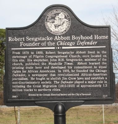 Robert Sengstacke Abbott Boyhood Home Marker image. Click for full size.