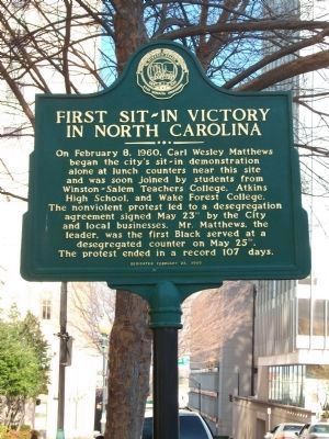 First Sit-In Victory In North Carolina Marker image. Click for full size.
