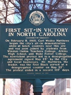 First Sit-In Victory In North Carolina Marker image. Click for full size.