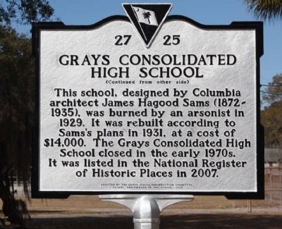 Grays Consolidated High School Marker Reverse side image. Click for full size.