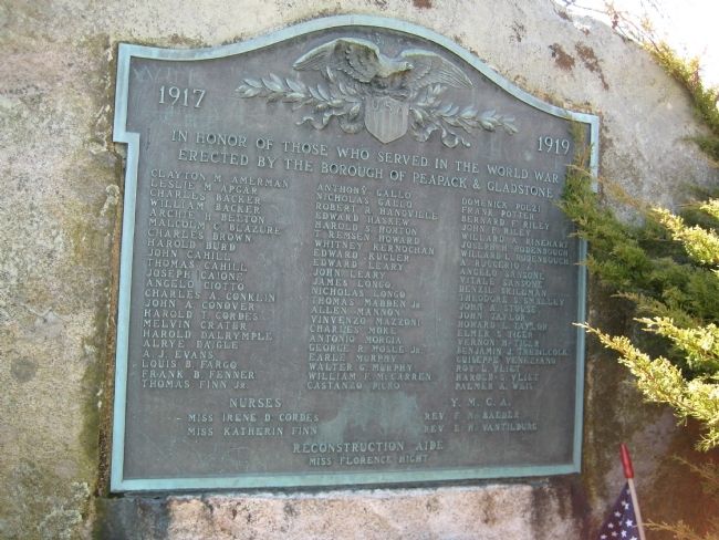 Peapack- Gladstone Liberty Park - WWI Marker. Click for full size. Peapack- Gladstone Liberty Park - WWI Marker image. Click for full size.