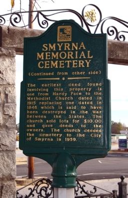 Smyrna Memorial Cemetery Marker reverse image. Click for full size.