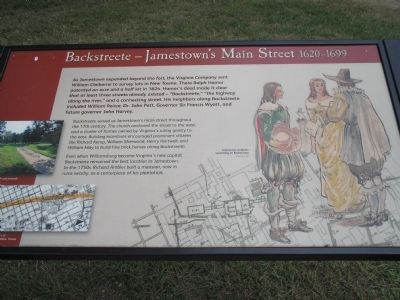 Backstreet – Jamestown’s Main Street 1620-1699 Marker. Click for full size. Backstreet – Jamestown’s Main Street 1620-1699 Marker image. Click for full size.