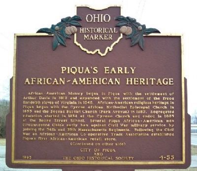 Piqua's Early African-American Heritage Marker (Side A) image. Click for full size.