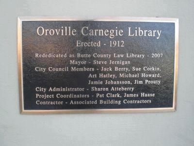 Oroville Carnegie Library Rededication Plaque image. Click for full size.