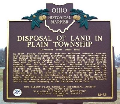 Disposal of Land in Plain Township Marker (Side B) image. Click for full size.