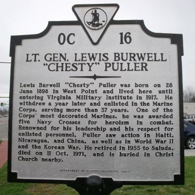 Lt. Gen. Lewis Burwell “Chesty” Puller Marker image. Click for full size.