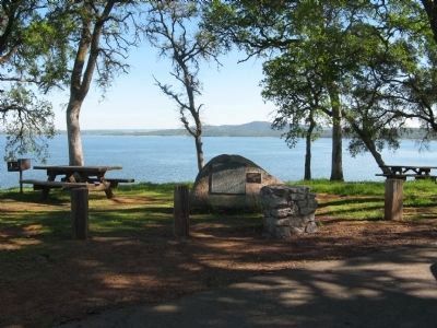 Mormon Island Marker with Folsom Lake in Background image. Click for full size.