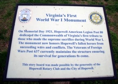 Virginia’s First World War I Monument Marker image. Click for full size.