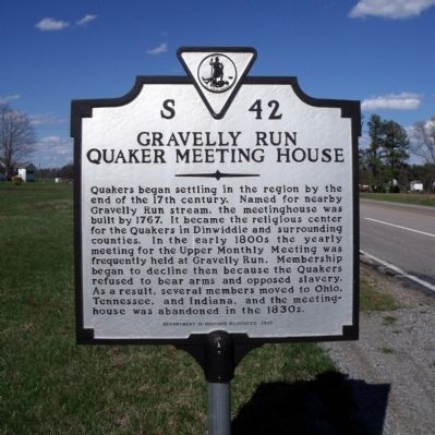 Gravelly Run Quaker Meeting House Marker image. Click for full size.