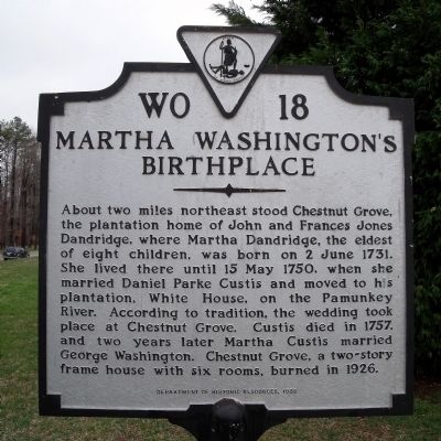Martha Washington's Birthplace Marker image. Click for full size.