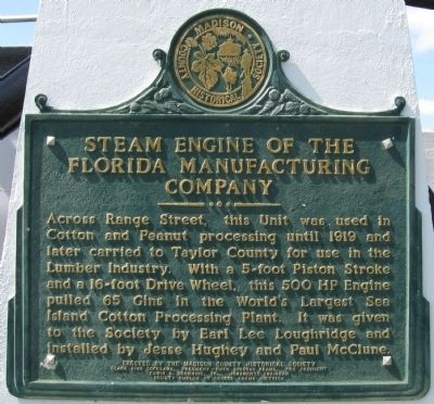 Steam Engine of the Florida Manufacturing Company Marker. Click for full size. Steam Engine of the Florida Manufacturing Company Marker image. Click for full size.
