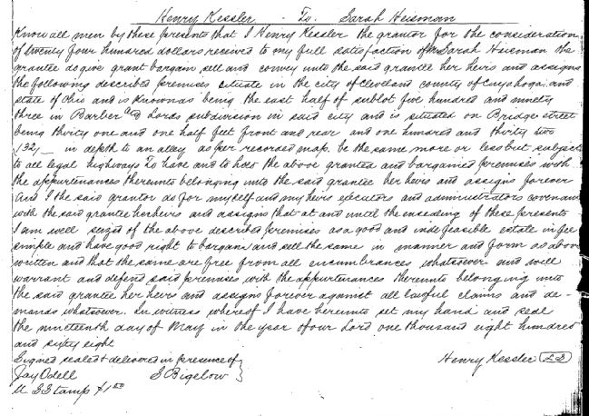Deed transfering property from Henry Kessler to Sarah Heisman image. Click for full size.