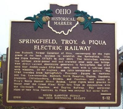 Springfield, Troy, & Piqua Electric Railway Marker </b>(front) image. Click for full size.