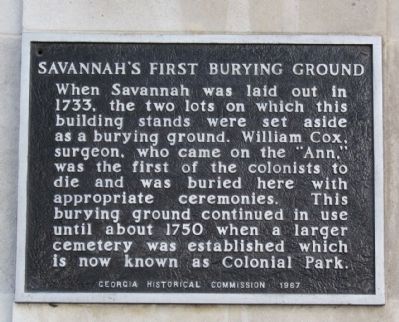 Savannah's First Burying Ground Marker image. Click for full size.