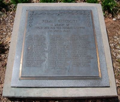 Furman University World War II Memorial Marker. Click for full size. Furman University World War II Memorial Marker image. Click for full size.