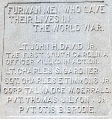 Furman Men Who Gave Their Lives in the World War Marker image. Click for full size.