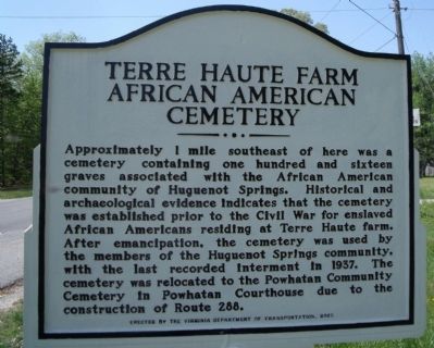Terre Haute Farm African American Cemetery Marker. Click for full size. Terre Haute Farm African American Cemetery Marker image. Click for full size.