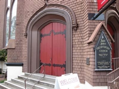 St. John's Presbyterian Church - Entrance with markers to the left and right of the entrance. Click for full size. St. John's Presbyterian Church - Entrance with markers to the left and right of the entrance image. Click for full size.
