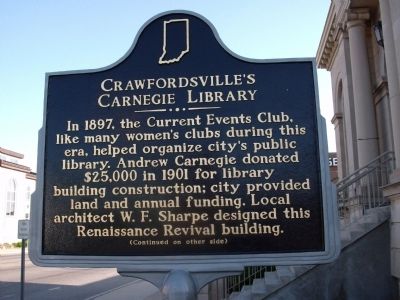 Side One - - Crawfordsville (Indiana) Carnegie Library Marker image. Click for full size.