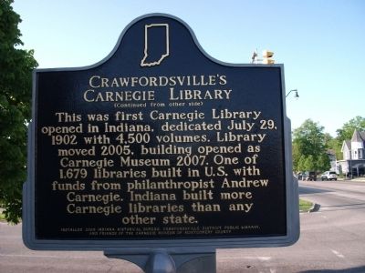 Side 2 - - Crawfordsville (Indiana) Carnegie Library Marker image. Click for full size.