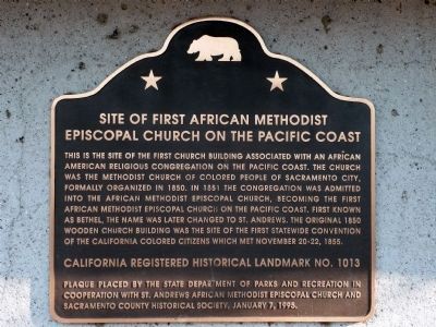 Site of First African Methodist Episcopal Church on the Pacific Coast Marker image. Click for more information.