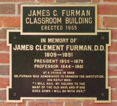 James C. Furman Classroom Building Marker. Click for full size. James C. Furman Classroom Building Marker image. Click for full size.