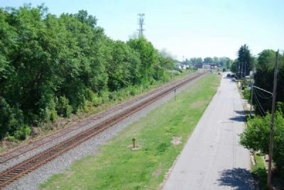 View off Overpass Looking East -<br>Railroad Bed and Moore Street. Click for full size. View off Overpass Looking East -<br>Railroad Bed and Moore Street image. Click for full size.
